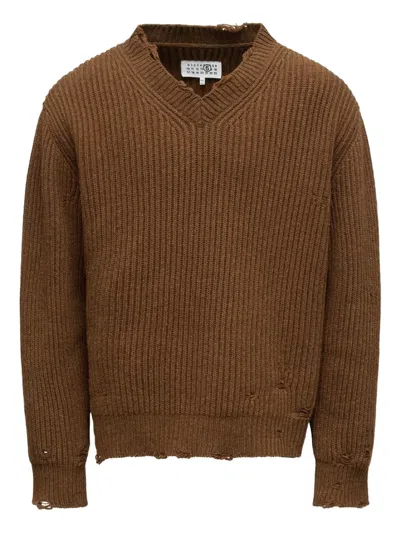 Mm6 Maison Margiela Ribbed V-neck Sweater In Brown