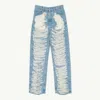 Mm6 Maison Margiela Mm6 By Maison Margiela Distressed Straight Leg Denim Jeans With White Stitching