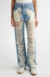 Mm6 Maison Margiela Mm6 By Maison Margiela Distressed Straight Leg Denim Jeans With White Stitching In Medium Blue