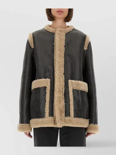 Mm6 Maison Margiela Shearling Trim Longline Jacket With Front Pockets In Black