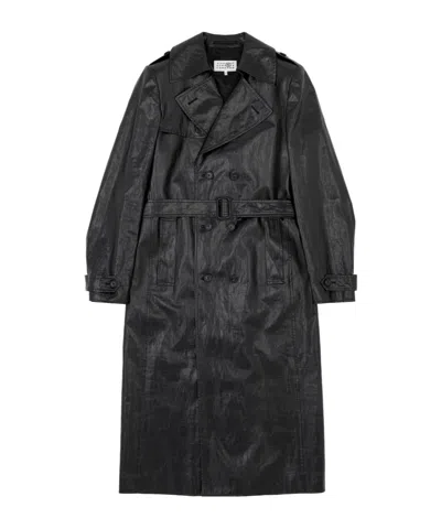 Mm6 Maison Margiela Shiny Linen Coat In Black