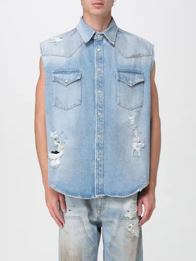 Mm6 Maison Margiela Mm6 By Maison Margiela Short-sleeved Denim-effect Shirt With Flap Pockets In Blue