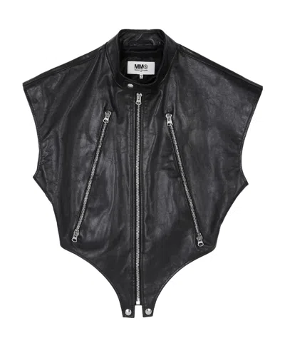 Mm6 Maison Margiela Short-sleeve Leather Jacket In Black