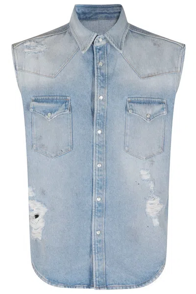 Mm6 Maison Margiela Mm6 By Maison Margiela Short-sleeved Denim-effect Shirt With Flap Pockets In Blue