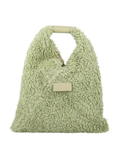 Mm6 Maison Margiela Small Plush Shearling Handbag With Leather Handle In Reseda