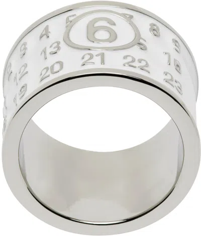 Mm6 Maison Margiela Silver & White Wide Logo Ring In 963 White/polis