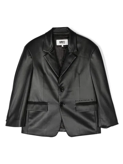 Mm6 Maison Margiela Kids' Single-breasted Leather Blazer In Black