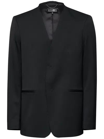 Mm6 Maison Margiela Single-stitch Logo Raw-cut Blazer In Black