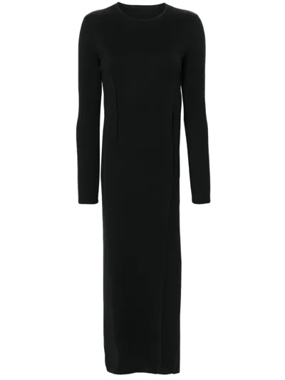 Mm6 Maison Margiela Abito Midi Black Cotton And Wool Dress With Maxi Side Slit In Nero
