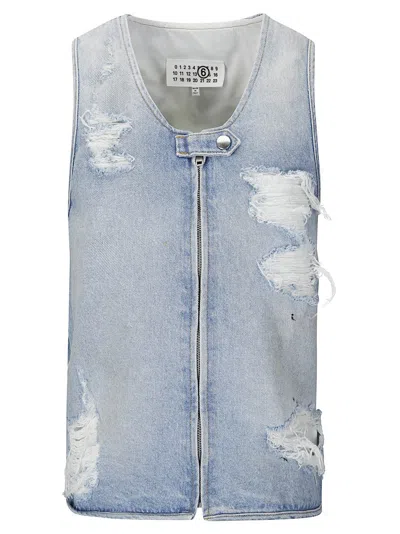 MM6 MAISON MARGIELA SLEEVELESS FRONT-ZIP TOP IN DISTRESSED DENIM