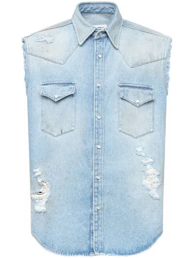 Mm6 Maison Margiela Mm6 By Maison Margiela Short-sleeved Denim-effect Shirt With Flap Pockets In Blue