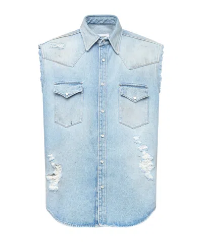 Mm6 Maison Margiela Mm6 By Maison Margiela Short-sleeved Denim-effect Shirt With Flap Pockets In Blue