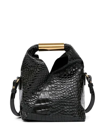 Mm6 Maison Margiela Small Japanese Bag In Black Crocodileembossed Leather