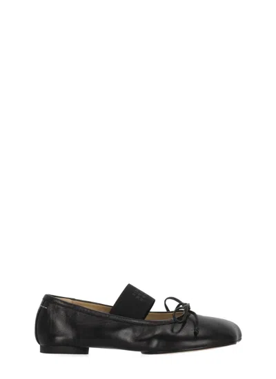 Mm6 Maison Margiela Squared Toe Leather Ballerinas With Iconic Four Stitches In Black