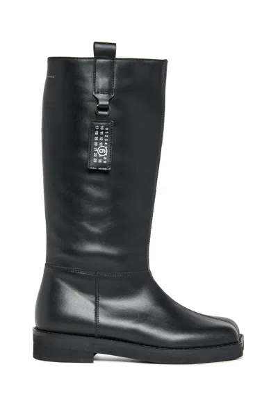 Mm6 Maison Margiela Kids' High Leather Boots With Logo In Black