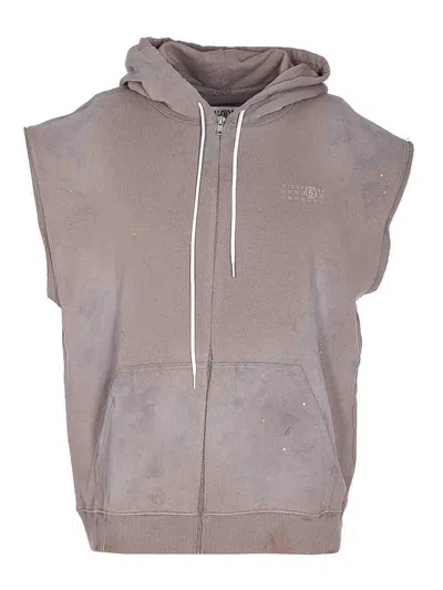 Mm6 Maison Margiela Grey Zip Sleeveless Hoodie In Brown