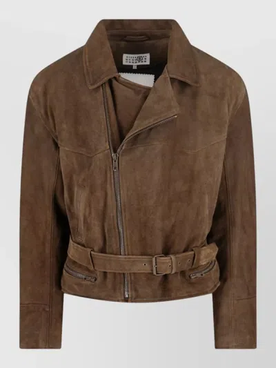 Mm6 Maison Margiela Suede Jacket With Belted Waist And Pockets In Brown