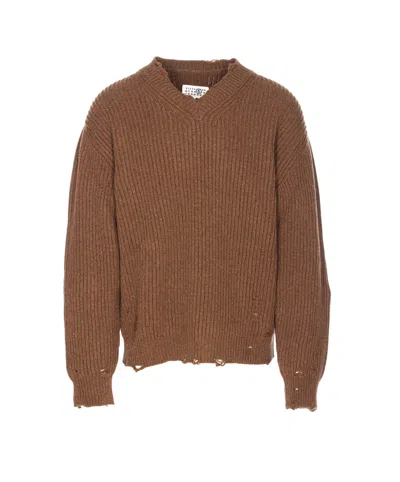 Mm6 Maison Margiela Mm6 V-neck Sweater Brown Melange