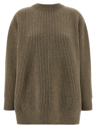 Mm6 Maison Margiela Oversized Wool Blend Sweater With Crew Neck In Brown