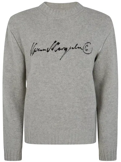 Mm6 Maison Margiela Sweater With Calligraphic Print In Grey Melange In Gold