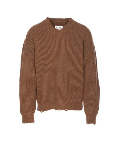 Mm6 Maison Margiela Mm6 V-neck Sweater Brown Melange