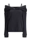 Mm6 Maison Margiela Off-shoulder Black Cotton Hoodie With Front Kangaroo Pocket In Blue