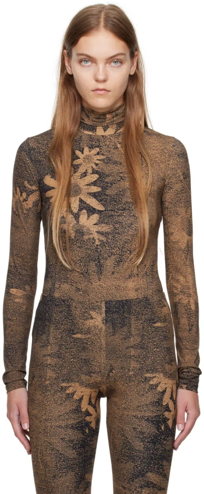 Mm6 Maison Margiela Flower-print High Neck Bodysuit In 001s Tan/black