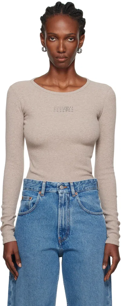 Mm6 Maison Margiela Taupe Wool-blend Rib Jersey Long-sleeved T-shirt In Neutral