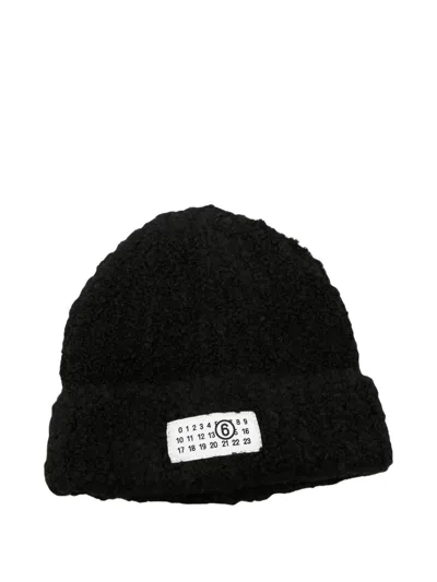 Mm6 Maison Margiela Textured Black Beanie Hat With Distinctive Logo Patch