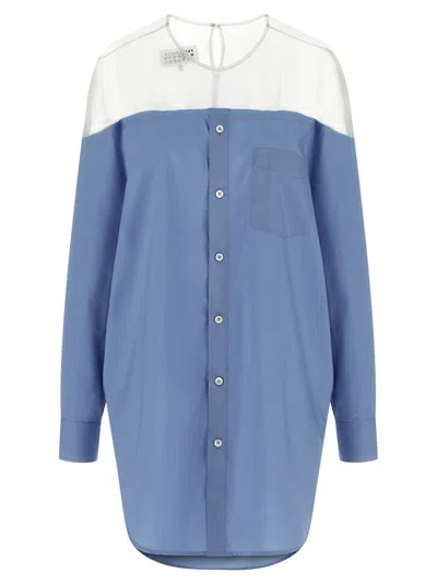 Mm6 Maison Margiela Cotton Poplin Shirt With Tulle Insert And Teardrop Detail In Blue