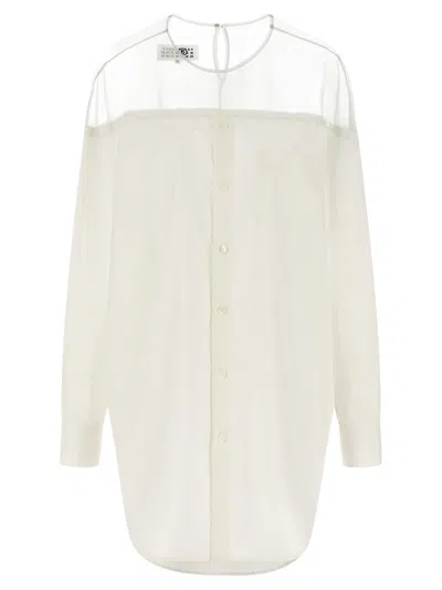 Mm6 Maison Margiela Semi-transparent Tulle Insert Cotton Poplin Shirt In White