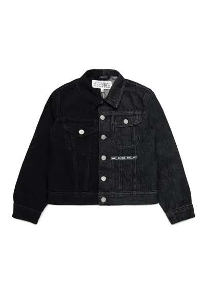 Mm6 Maison Margiela Kids' Two-tone Denim Jacket With Lettering In Black