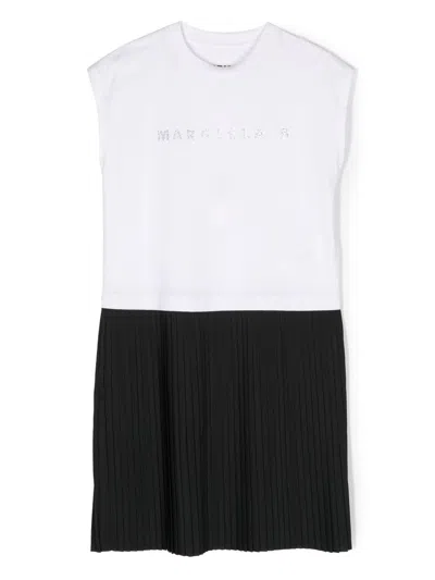Mm6 Maison Margiela Kids' Two-tone Pleated Shift Dress In White