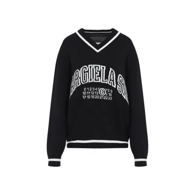 Mm6 Maison Margiela Logo Jacquard Knit V-neck Sweater In Black