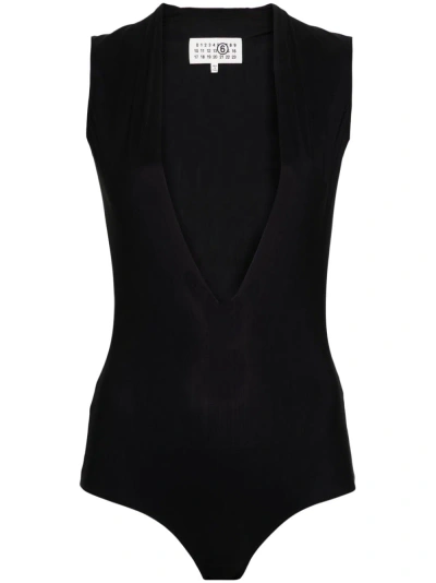 Mm6 Maison Margiela Single-stitch V-neck Bodysuit In Black