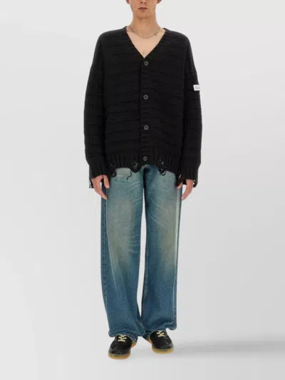 Mm6 Maison Margiela V Neck Distressed Hem Ribbed Cardigan In Black