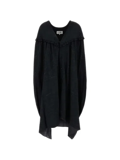 Mm6 Maison Margiela Jersey Shirt Dress Draped Loose Silhouette Ruffled Neckline In Black