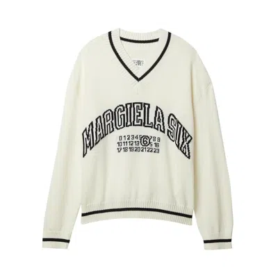 Pre-owned Mm6 Maison Margiela Varsity Jaquard V-neck 'off White' In Cream