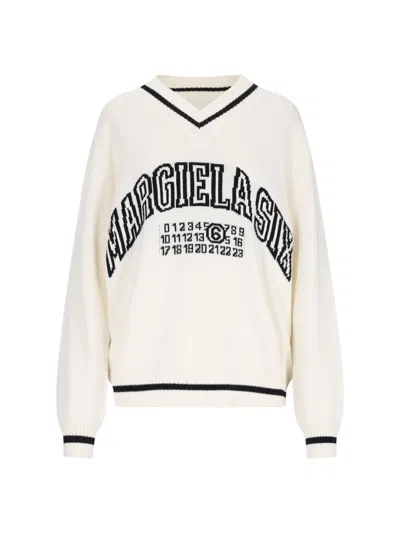 Mm6 Maison Margiela Knitwear Crewneck V-neckline Long Sleeves In White