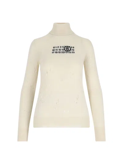 Mm6 Maison Margiela Distressed Crewneck Knitwear With Ribbed Finish In White