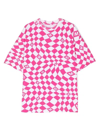 Mm6 Maison Margiela Kids' Warp Check Pattern Cotton T-shirt In Pink