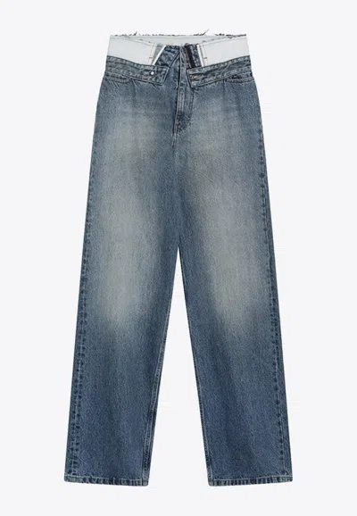 Mm6 Maison Margiela Light Blue Washed Jeans With Layered Waistband In Black