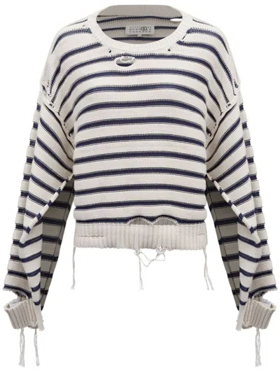 Mm6 Maison Margiela White And Blue Striped Sweater With Cut-out Details In Bianco E Blu Navy