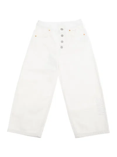MM6 MAISON MARGIELA WHITE PANTS WITH ELASTIC WAIST AND LOGO LETTERING EMBROIDERY ON THE SIDE IN DENIM BOY