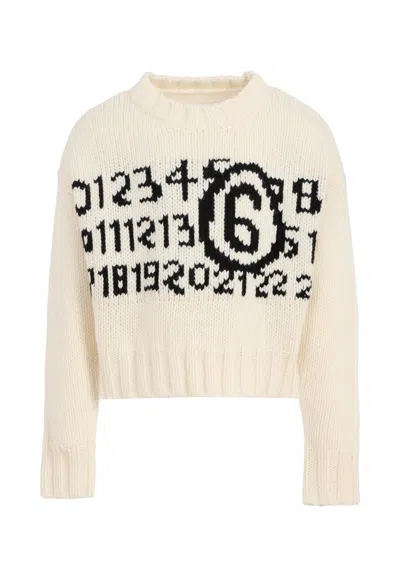 Mm6 Maison Margiela White Sweater For Kids With Logo In Neutral