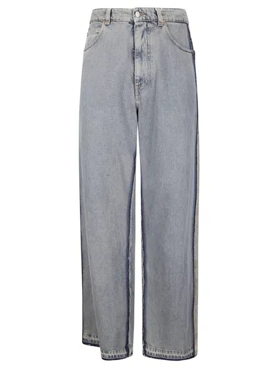Mm6 Maison Margiela Wide Straight Leg Trousers With Frayed Edges And Five-pocket Design In Gray