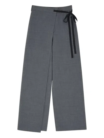 Mm6 Maison Margiela Wide-leg Trousers With Overlapping Front Panel And Knot Detail In Gray