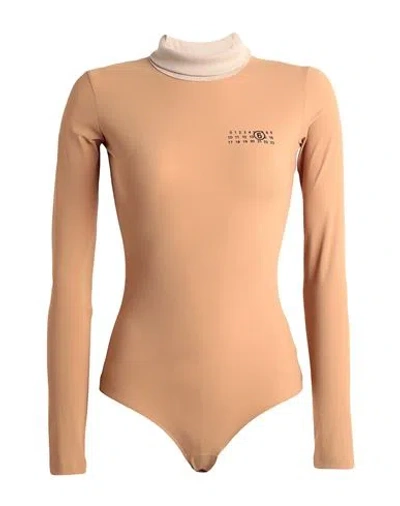 Mm6 Maison Margiela Logo High-neck Bodysuit In Nude