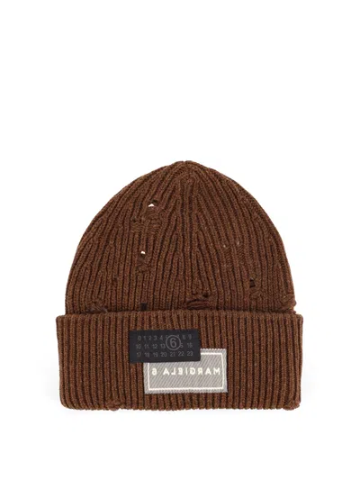 Mm6 Maison Margiela Wool Blend Beanie Hat With Distressed Effect In Brown