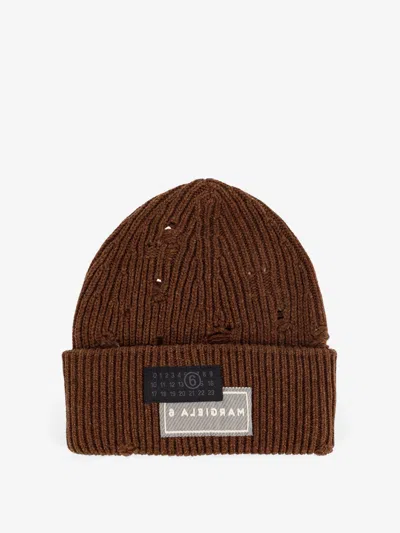 Mm6 Maison Margiela Wool Blend Beanie Hat With Distressed Effect In Brown
